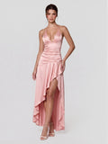 Draped Satin Halterneck Gown with Asymmetric Hem
