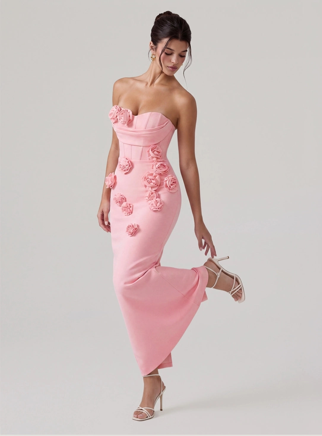 3D Rose Appliqué Strapless Maxi Gown