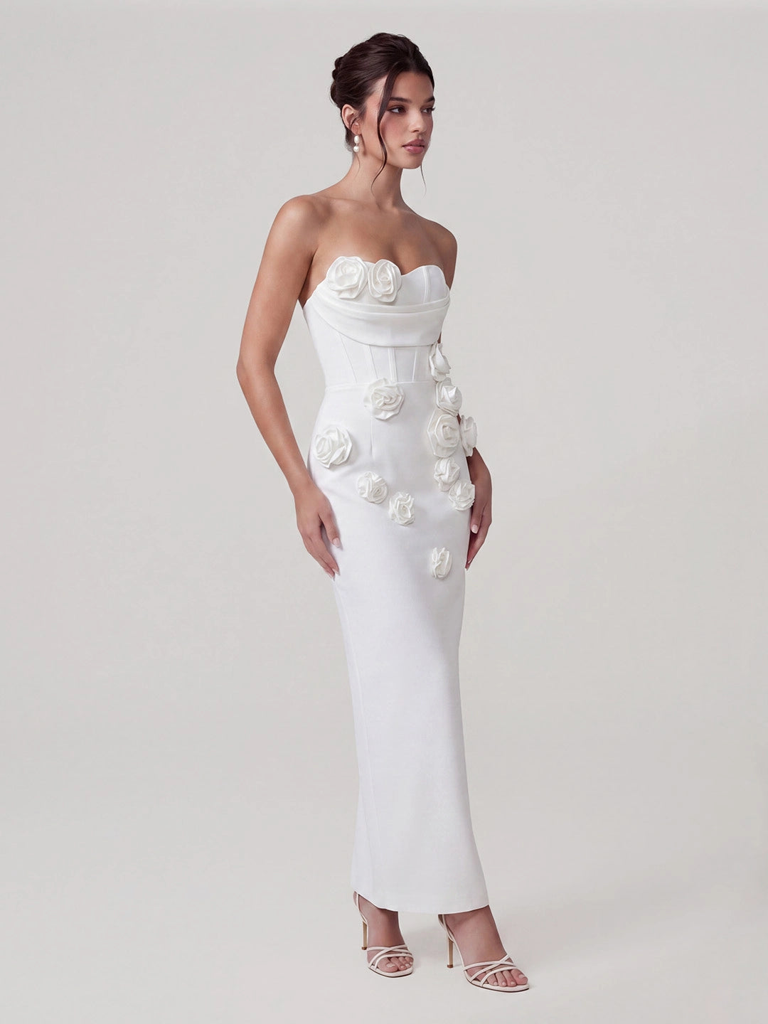 3D Rose Appliqué Strapless Maxi Gown