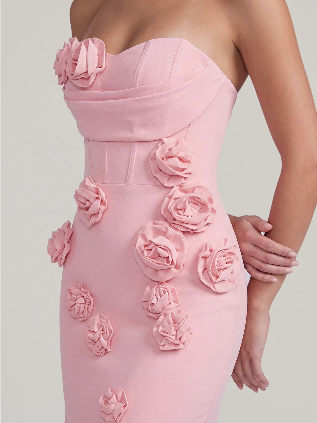 3D Rose Appliqué Strapless Maxi Gown