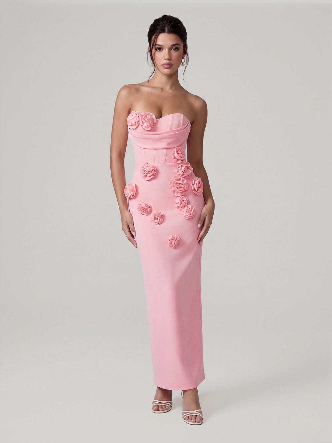 3D Rose Appliqué Strapless Maxi Gown