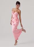 3D Rose Appliqué Strapless Maxi Gown