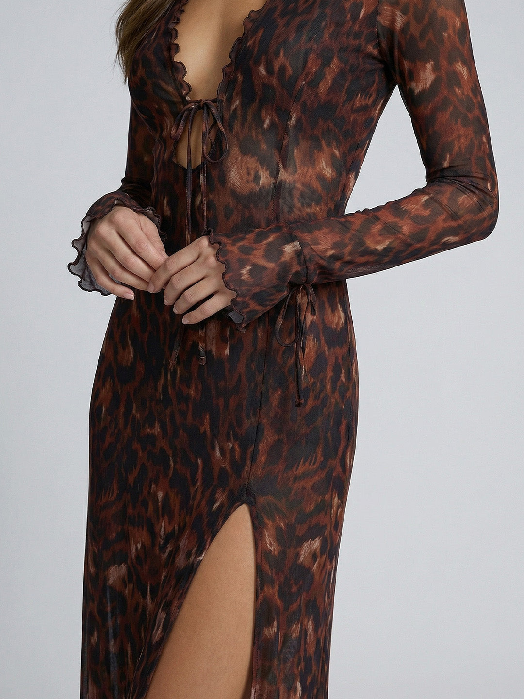 Elegant Bell-Sleeve Mesh Maxi Dress