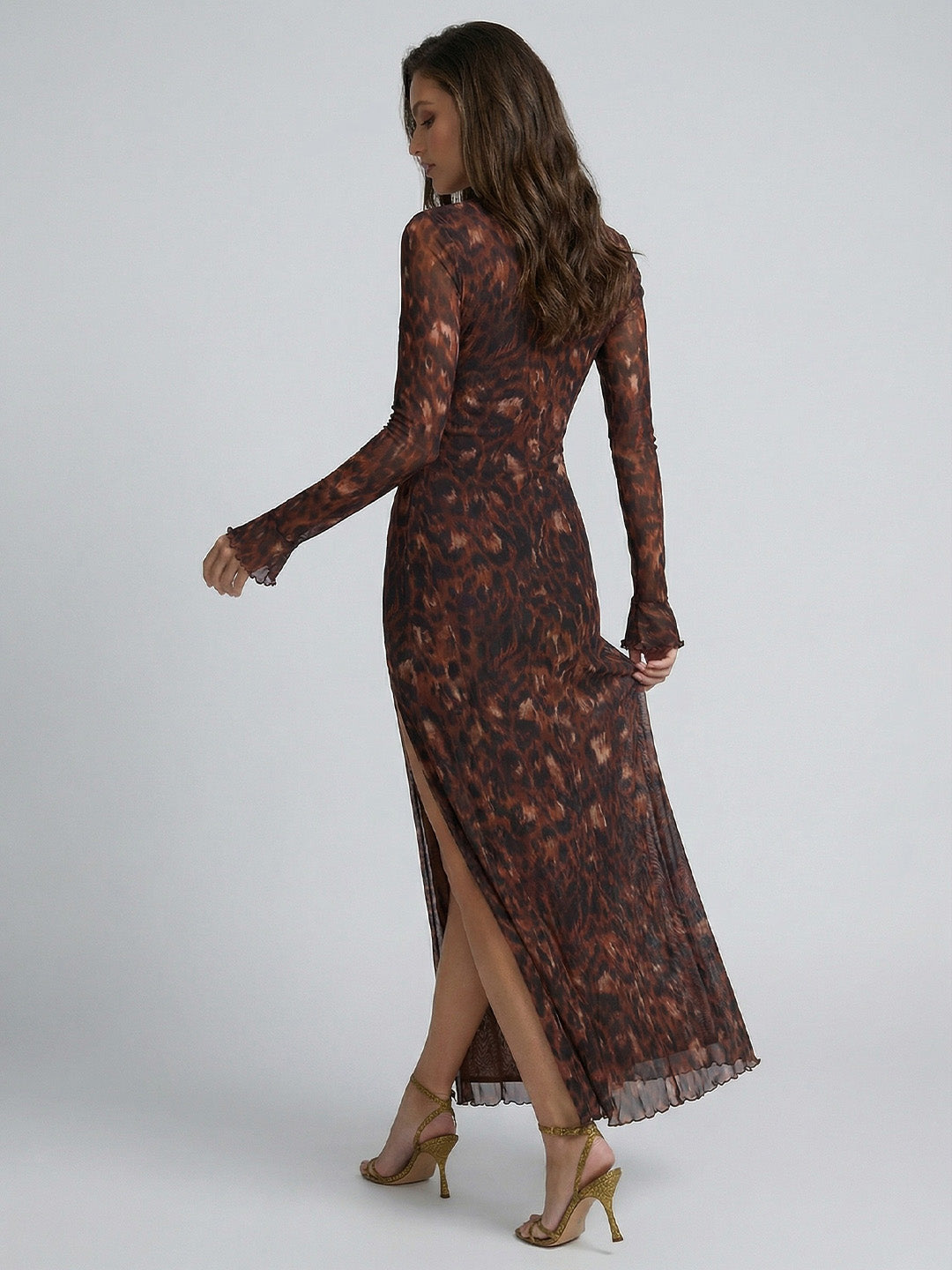 Elegant Bell-Sleeve Mesh Maxi Dress