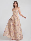 Elegant Floral Jacquard Bustier Maxi Dress