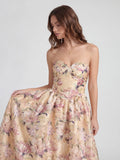 Elegant Floral Jacquard Bustier Maxi Dress