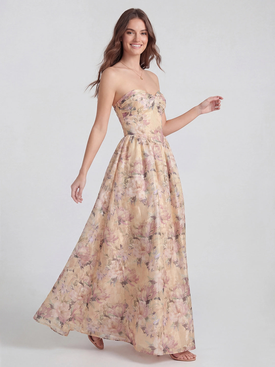 Elegant Floral Jacquard Bustier Maxi Dress