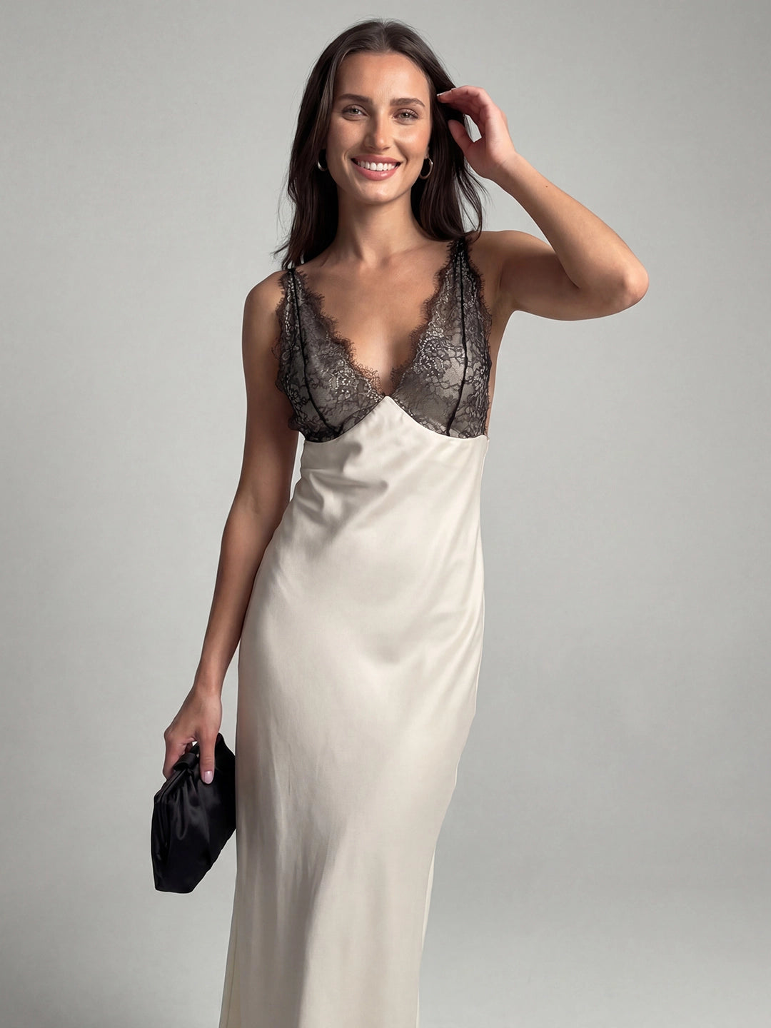 Elegant Lace-Paneled Satin Midi Dress
