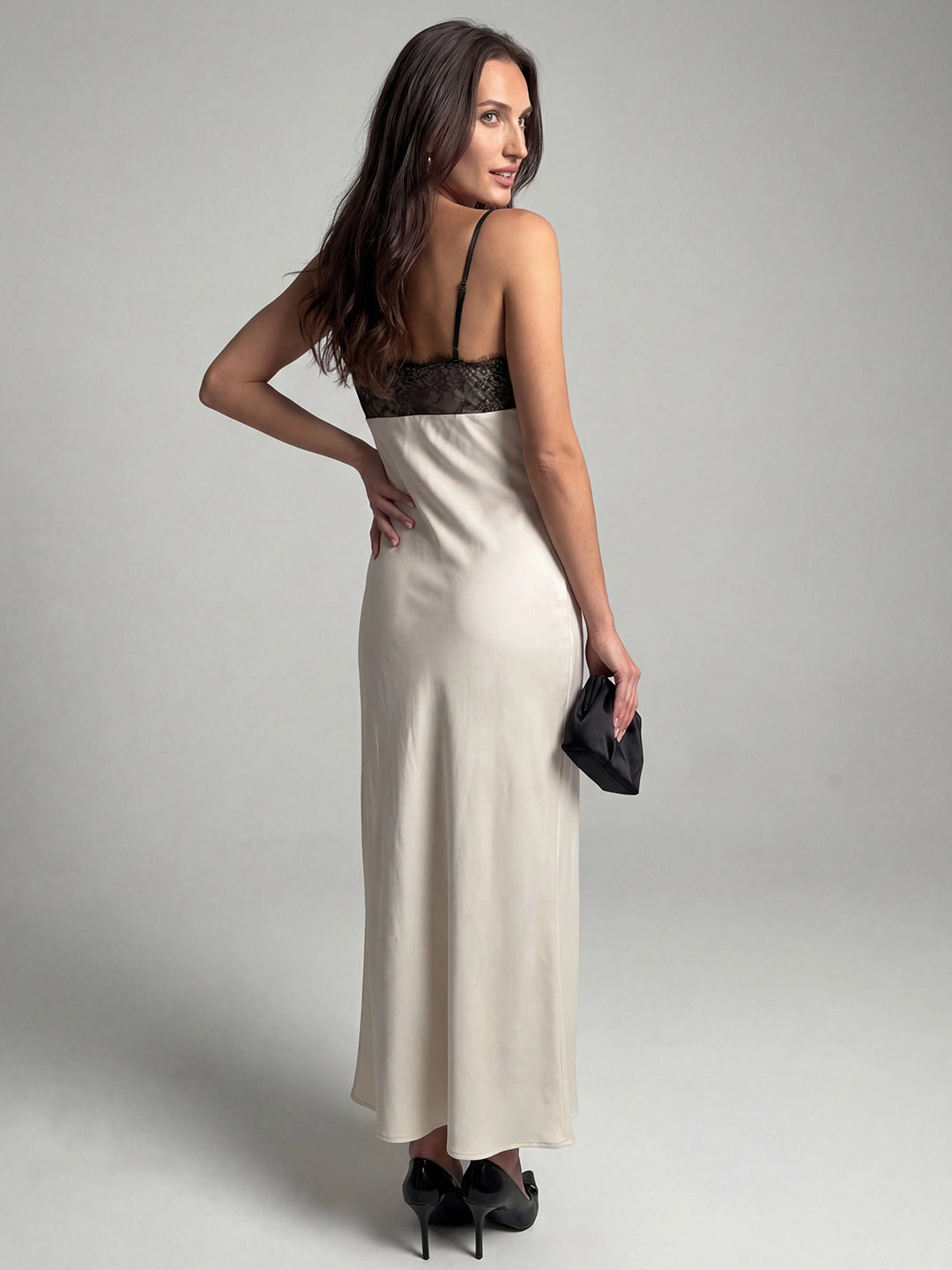 Elegant Lace-Paneled Satin Midi Dress