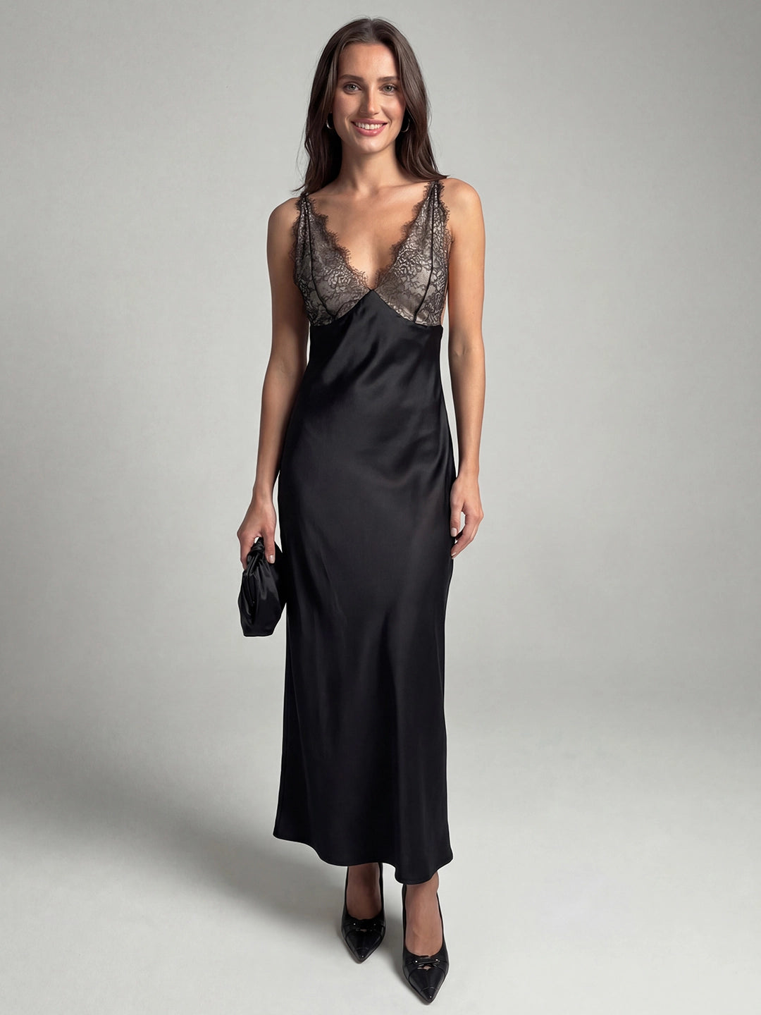 Elegant Lace-Paneled Satin Midi Dress