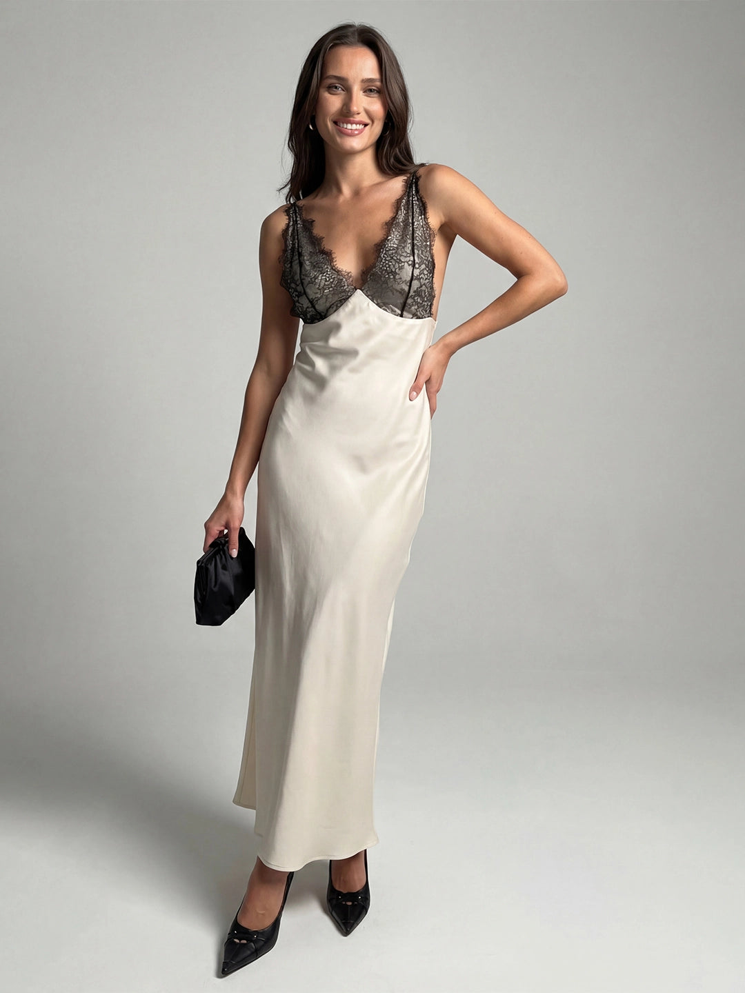 Elegant Lace-Paneled Satin Midi Dress