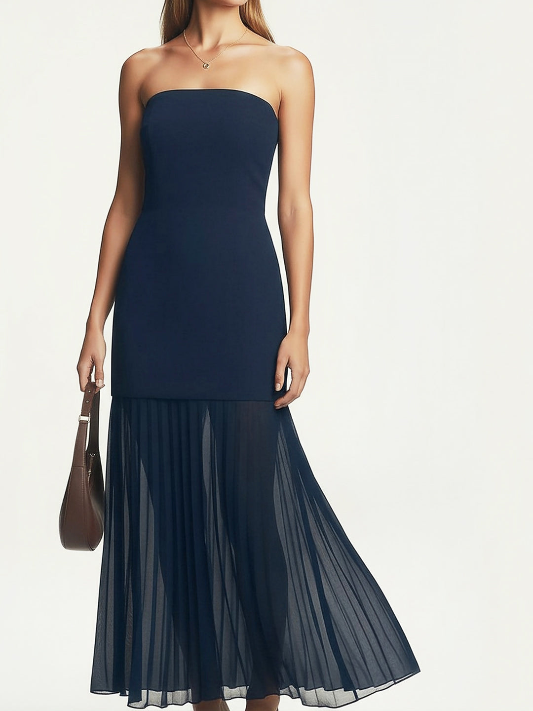 Elegant Sheer-Underneath Strapless Midi Dress