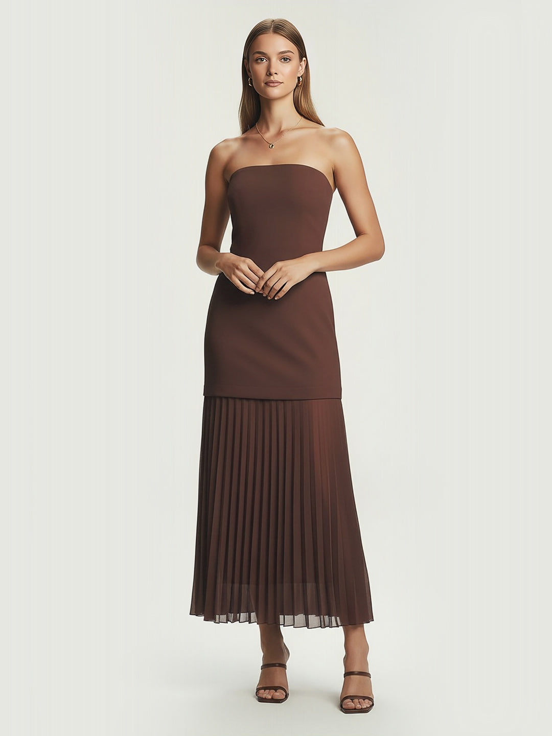 Elegant Sheer-Underneath Strapless Midi Dress