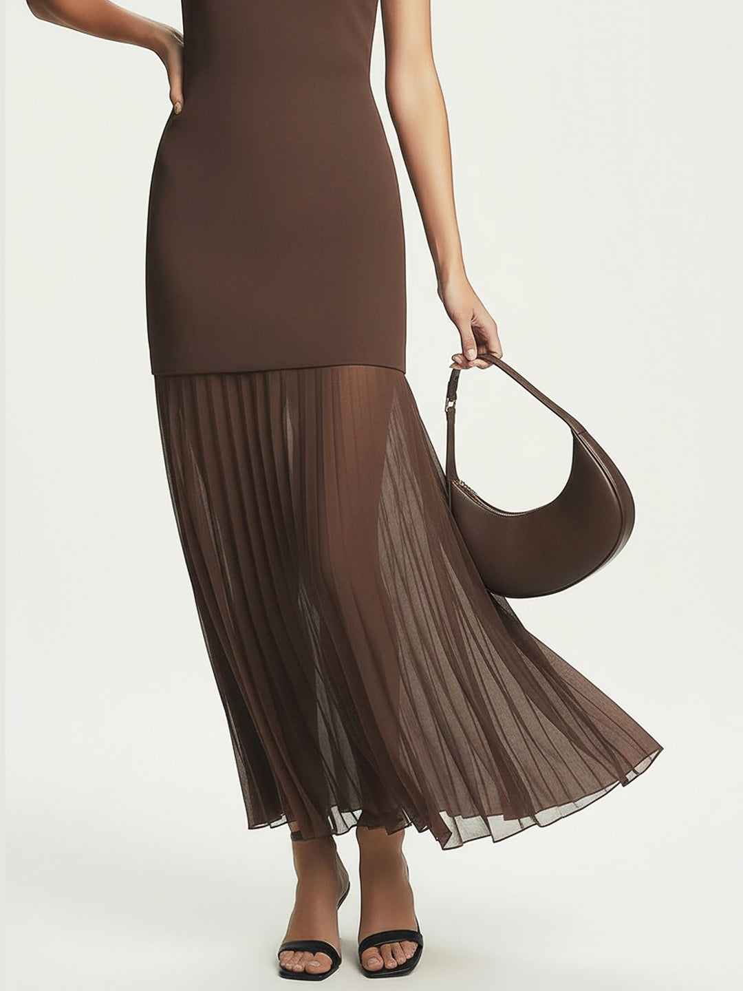 Elegant Sheer-Underneath Strapless Midi Dress