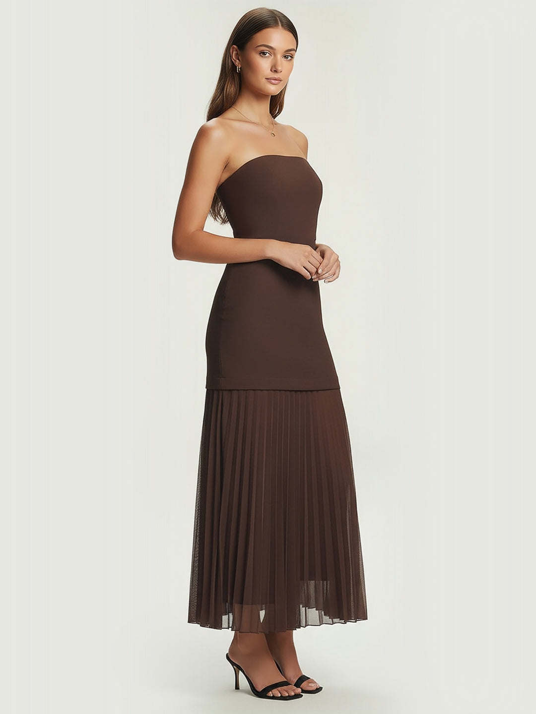 Elegant Sheer-Underneath Strapless Midi Dress