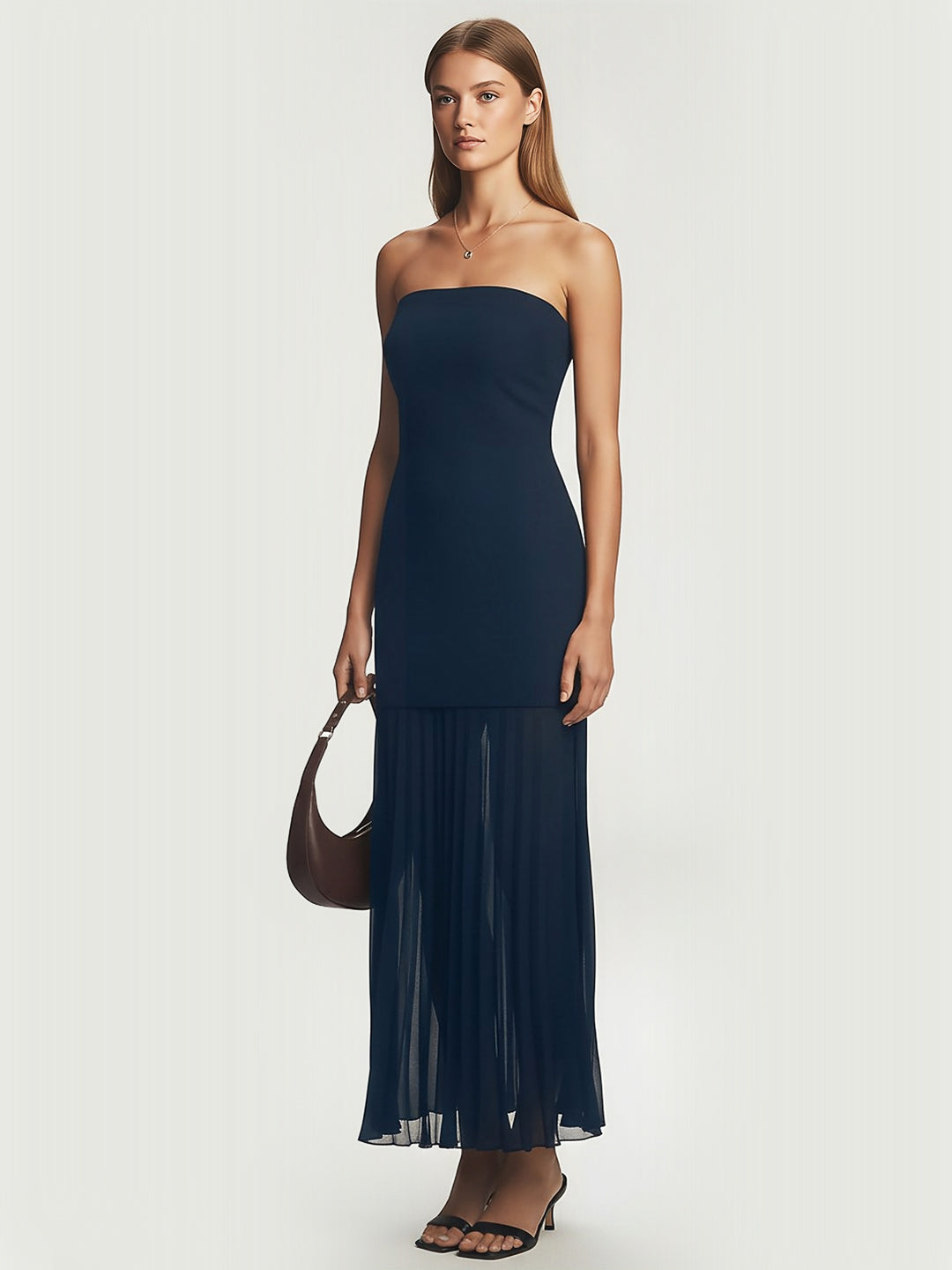 Elegant Sheer-Underneath Strapless Midi Dress