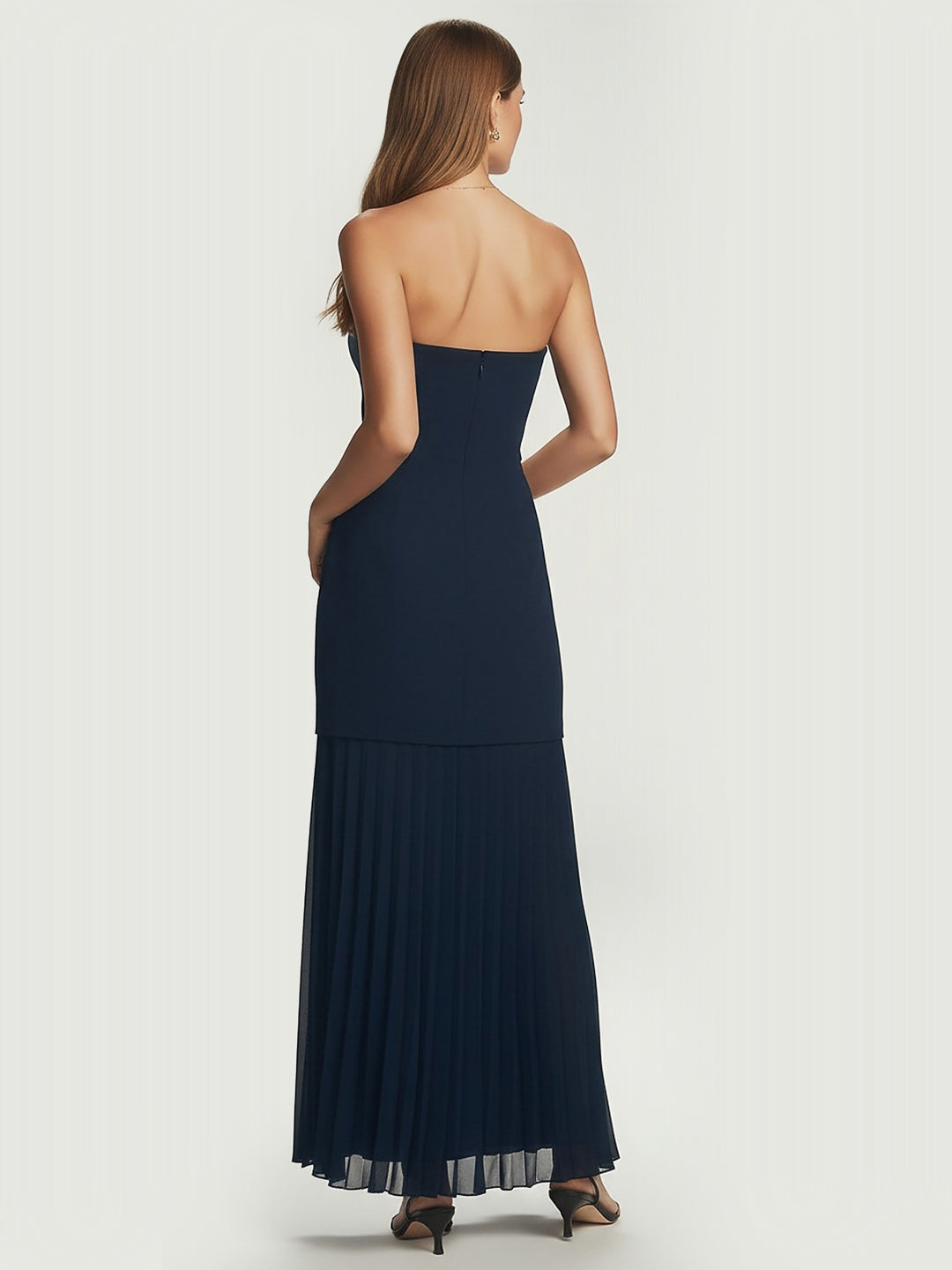Elegant Sheer-Underneath Strapless Midi Dress
