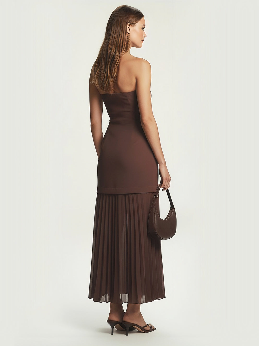 Elegant Sheer-Underneath Strapless Midi Dress