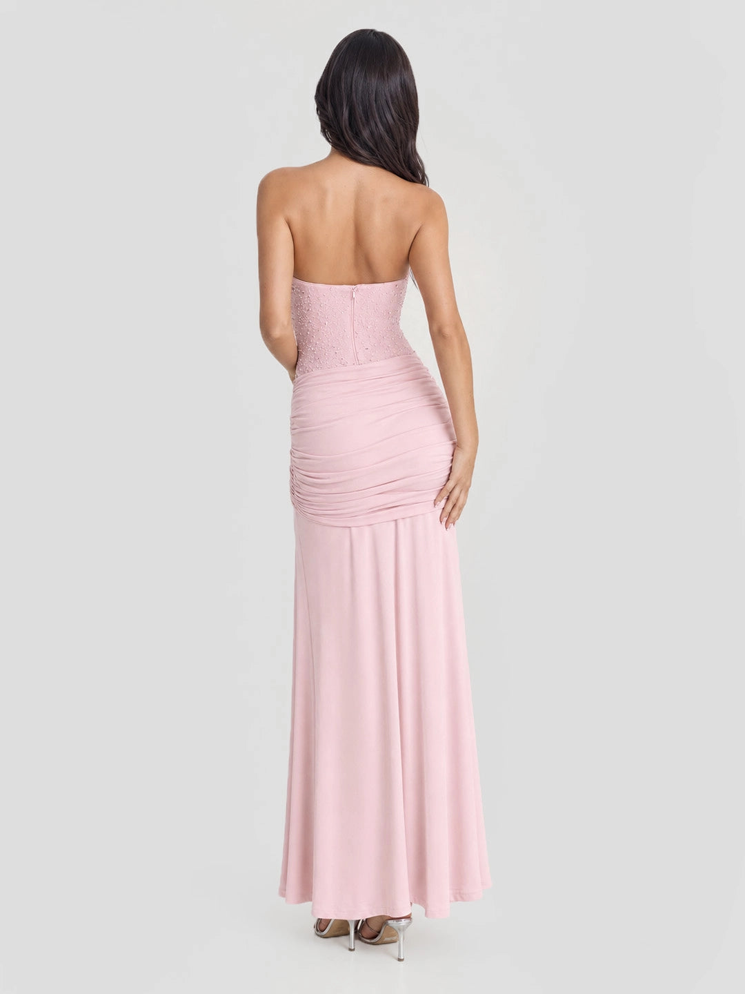 Beaded Embellished Strapless Tie-Waist Maxi Dress