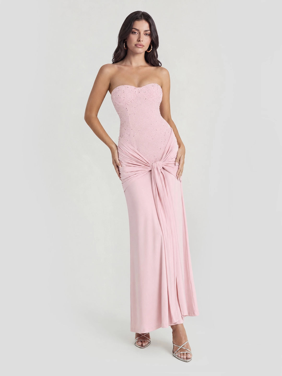 Beaded Embellished Strapless Tie-Waist Maxi Dress