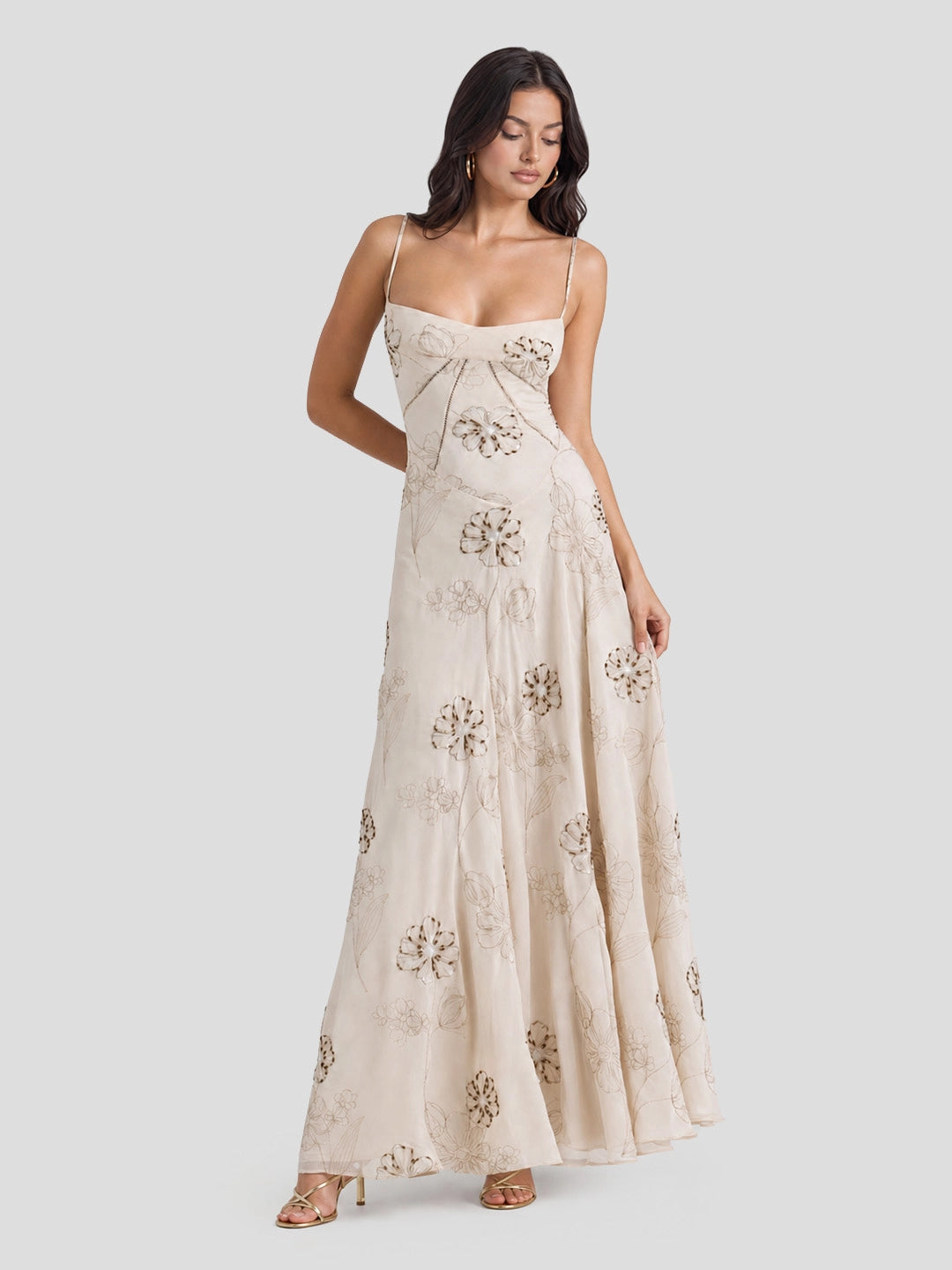 Embroidered Beaded Floral Gown with Corset Lace-Up Back
