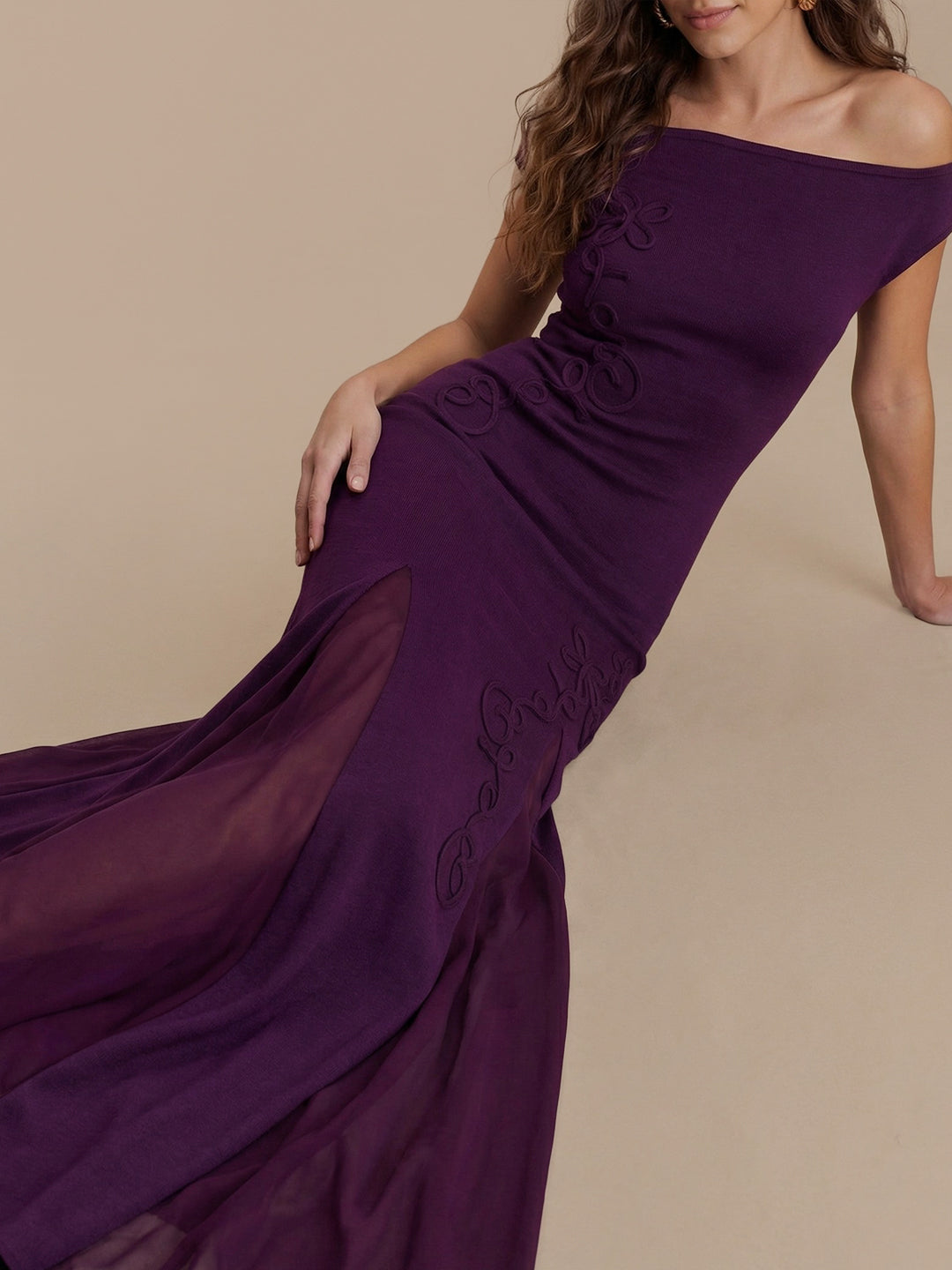 Romantic Embroidery Off Shoulder Knit Gown