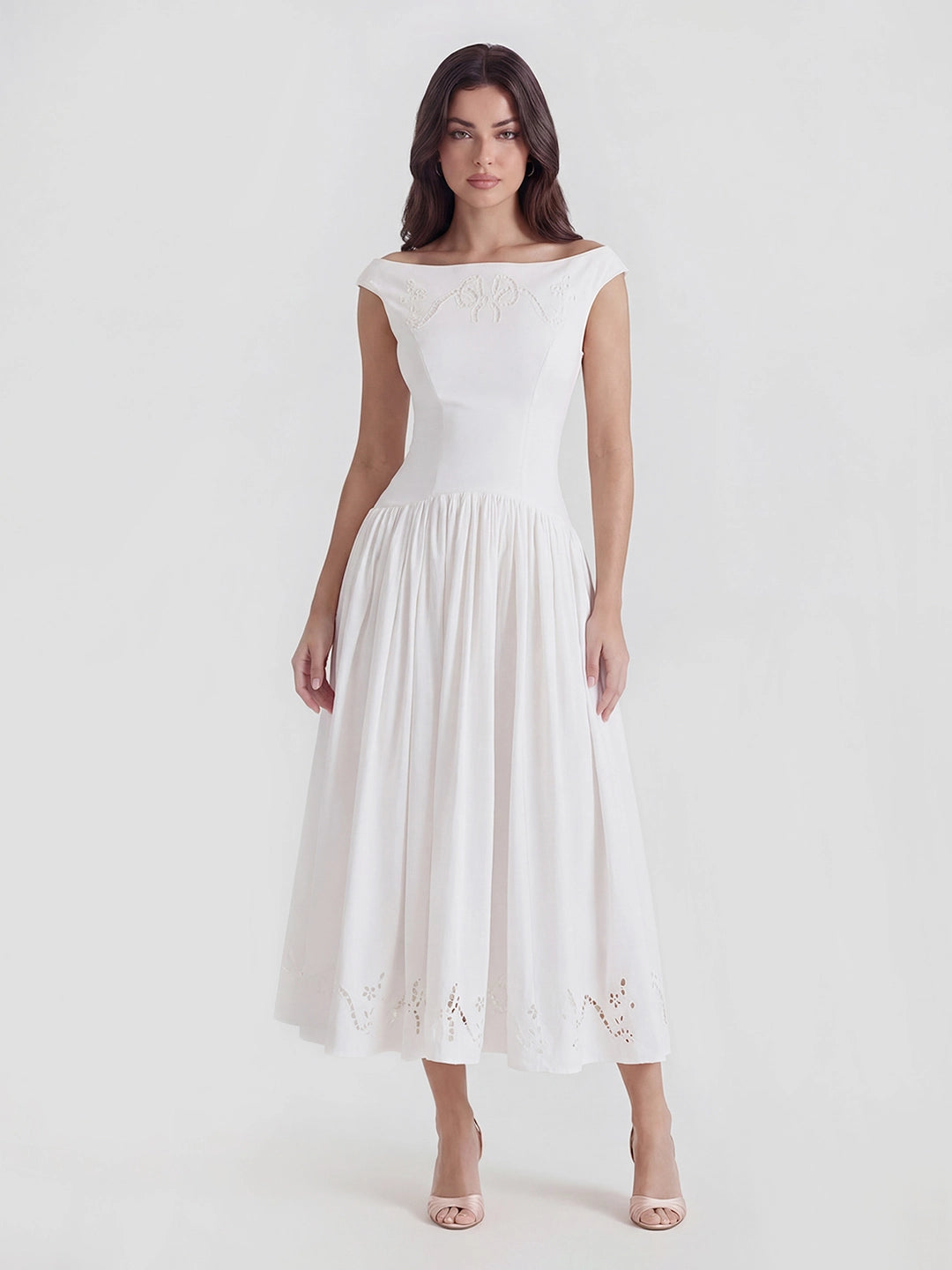 Broderie Boat Neck Cotton Maxi Dress with Floral Eyelet