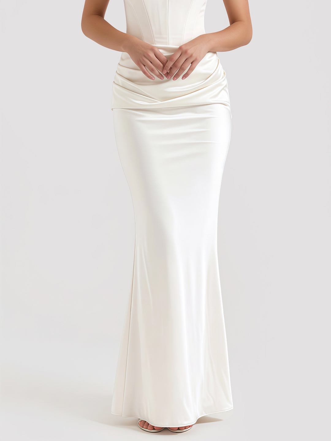 Strapless Boned-Corset Draped Satin Fishtail Maxi Dress