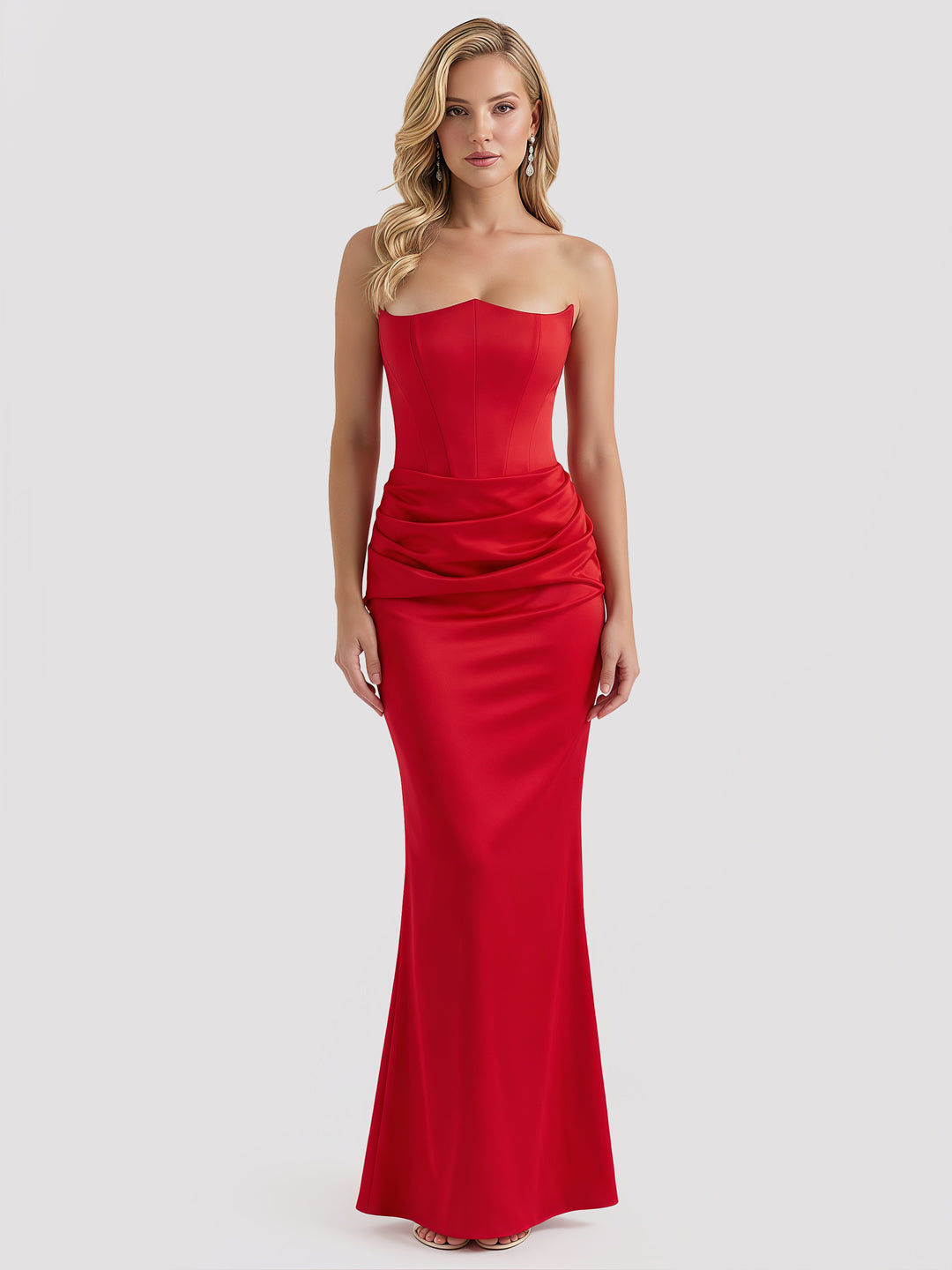 Strapless Boned-Corset Draped Satin Fishtail Maxi Dress