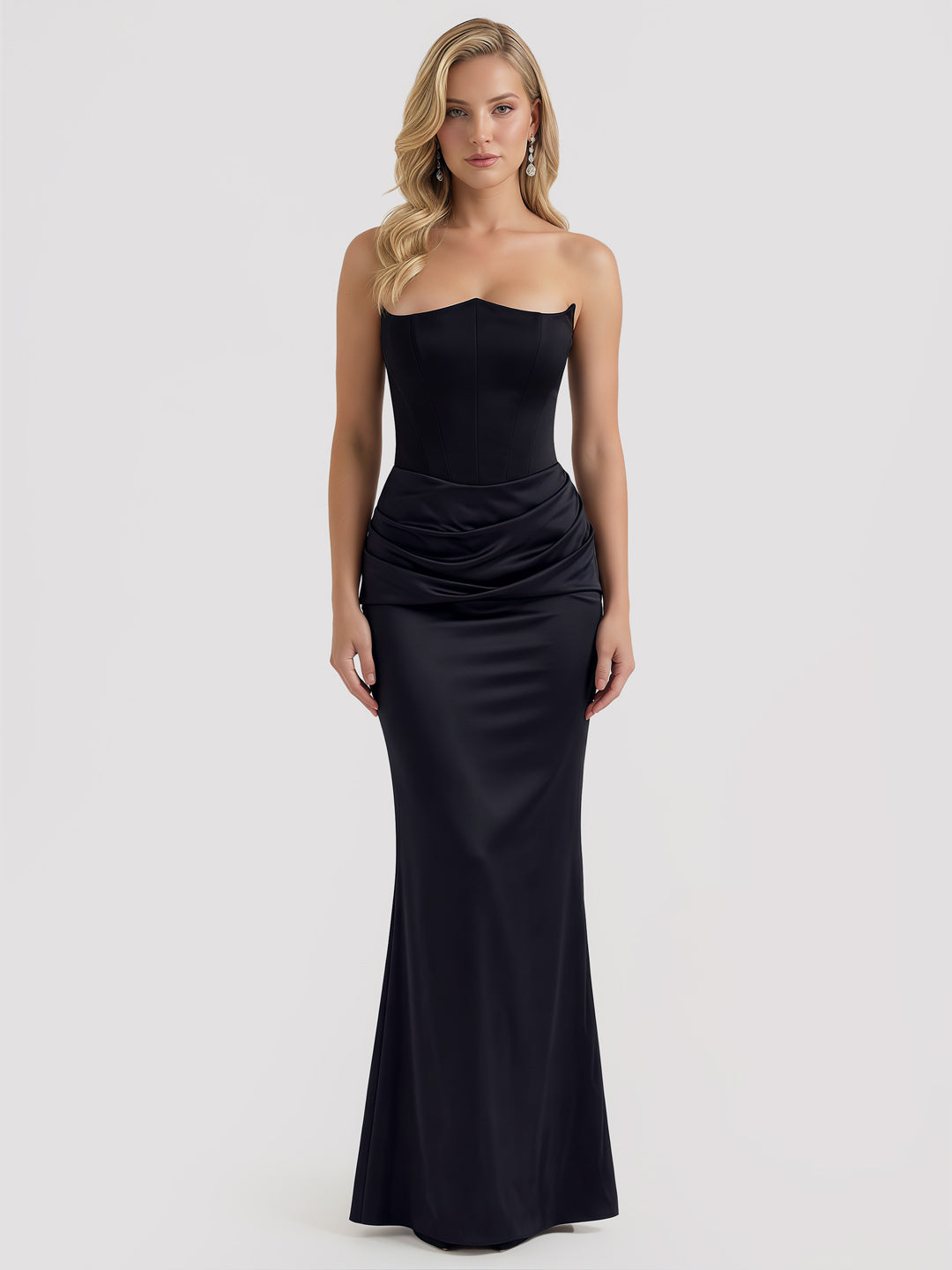 Strapless Boned-Corset Draped Satin Fishtail Maxi Dress