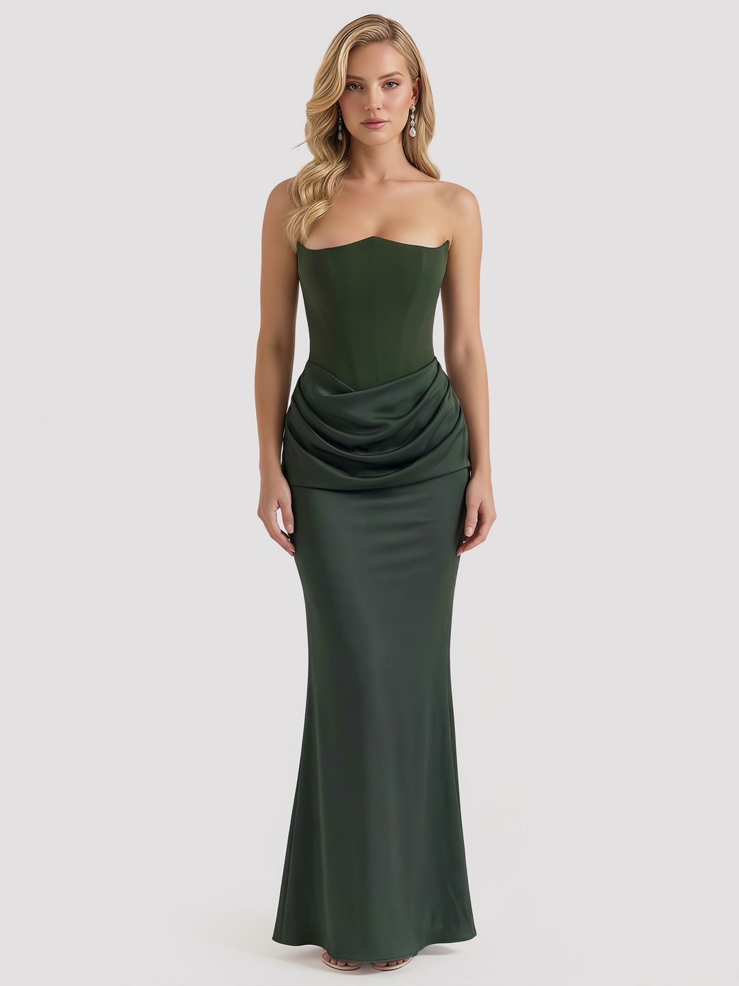Strapless Boned-Corset Draped Satin Fishtail Maxi Dress