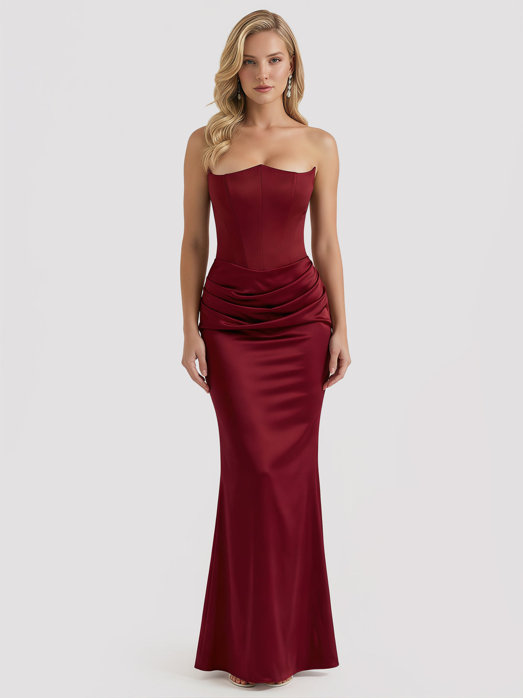 Strapless Boned-Corset Draped Satin Fishtail Maxi Dress