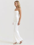 Strapless Boned-Corset Draped Satin Fishtail Maxi Dress