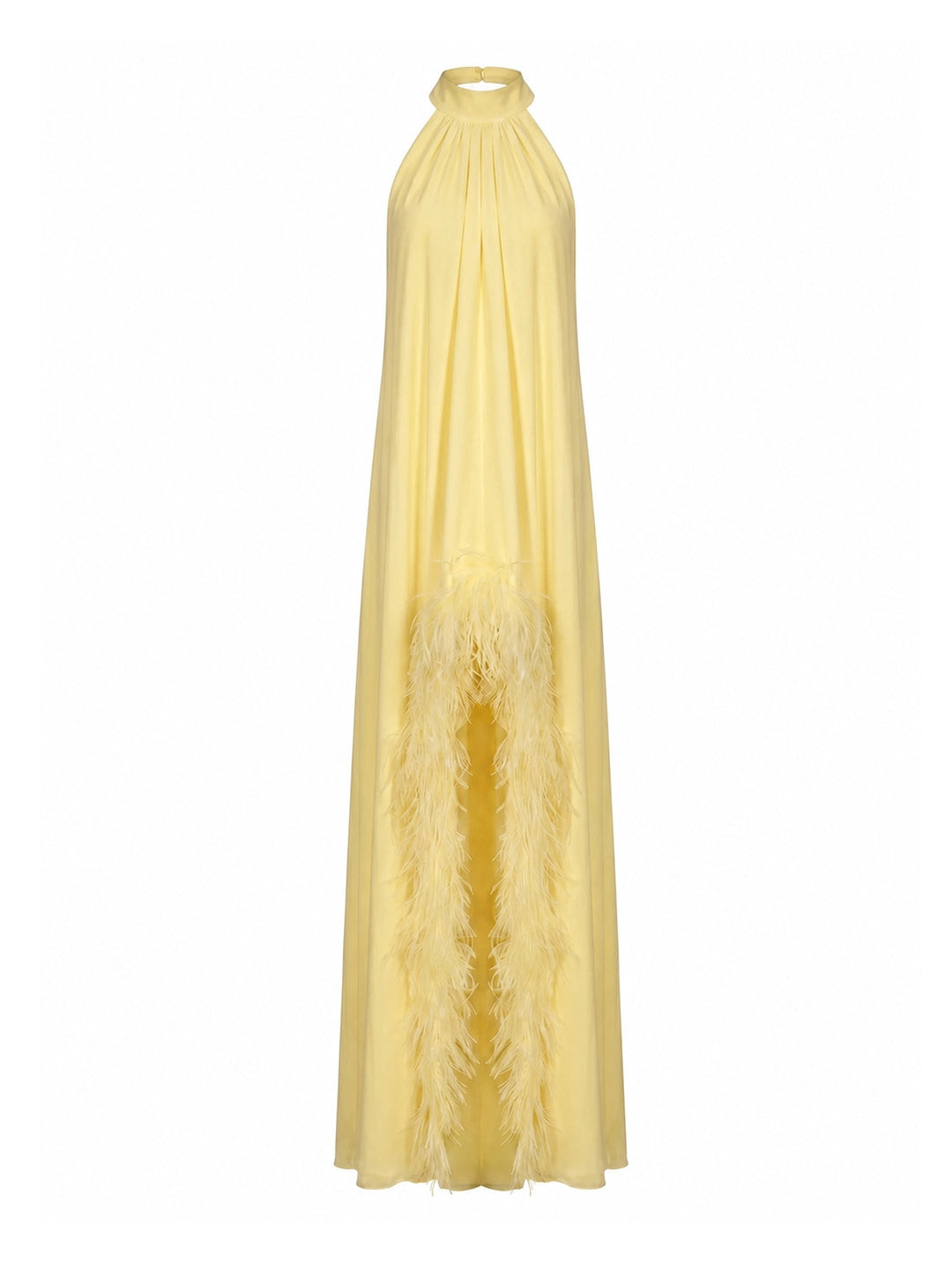 Feather Trim Halter Chiffon Maxi Dress