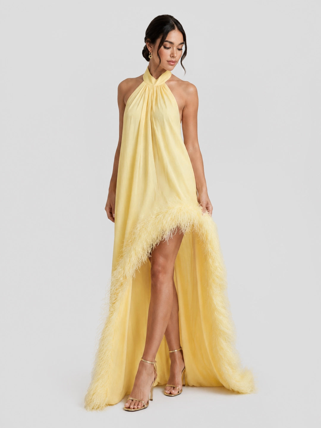 Feather Trim Halter Chiffon Maxi Dress