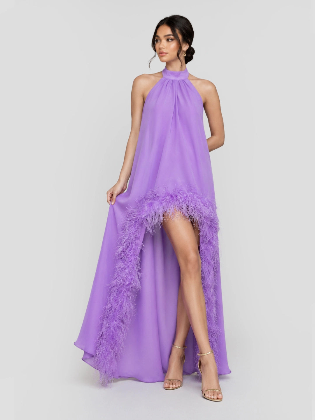 Feather Trim Halter Chiffon Maxi Dress