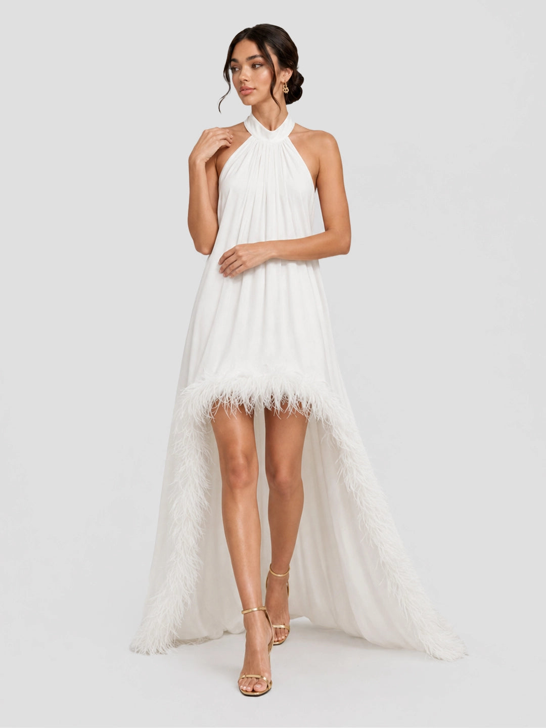 Feather Trim Halter Chiffon Maxi Dress