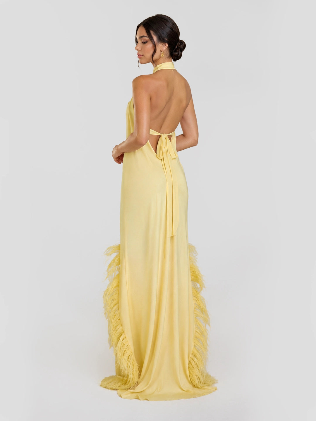 Feather Trim Halter Chiffon Maxi Dress
