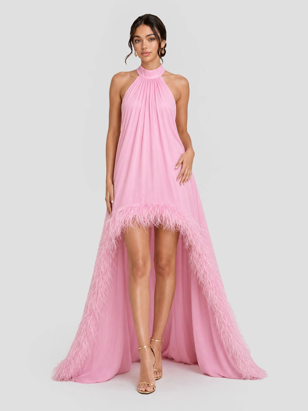 Feather Trim Halter Chiffon Maxi Dress