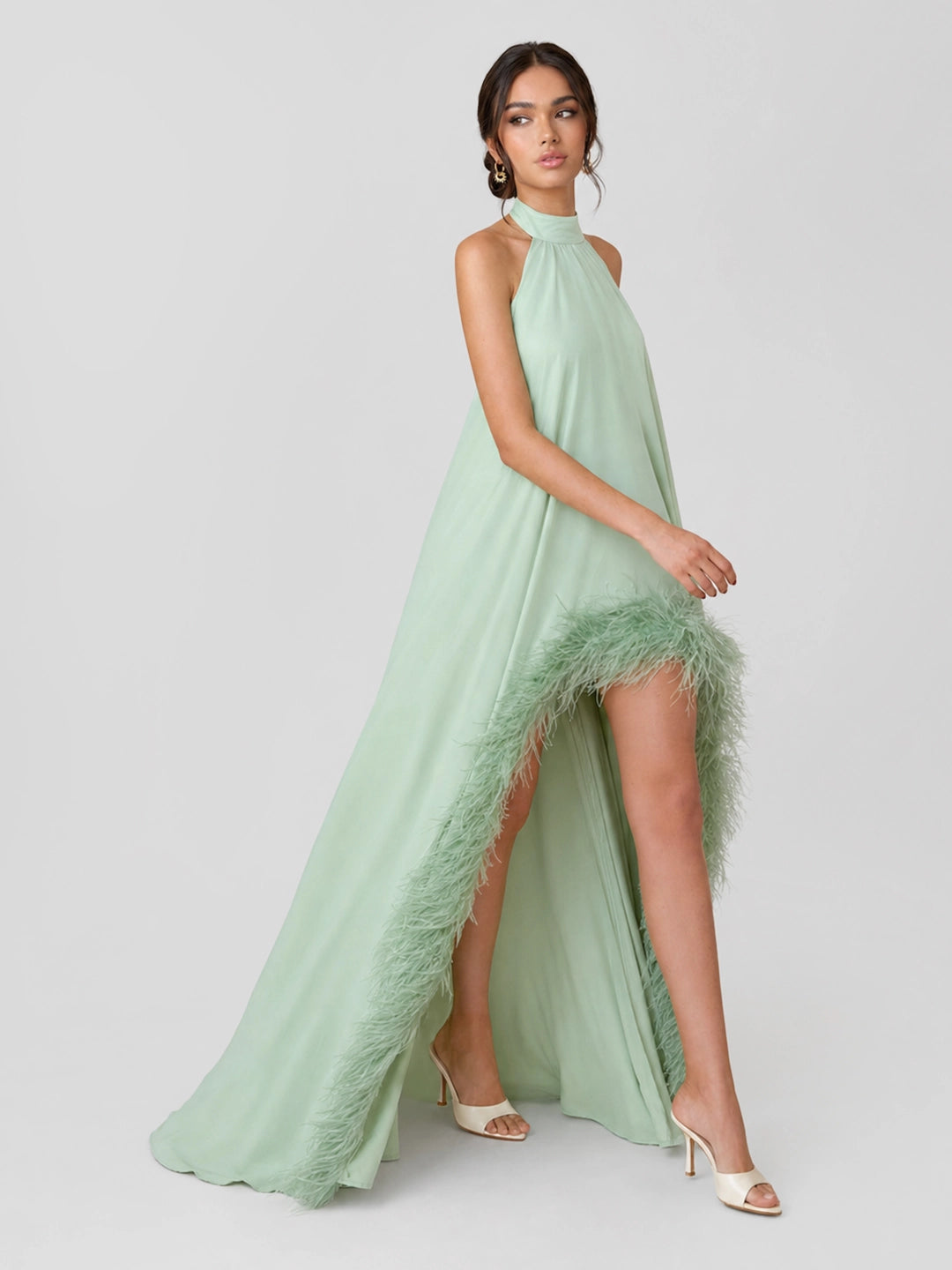 Feather Trim Halter Chiffon Maxi Dress