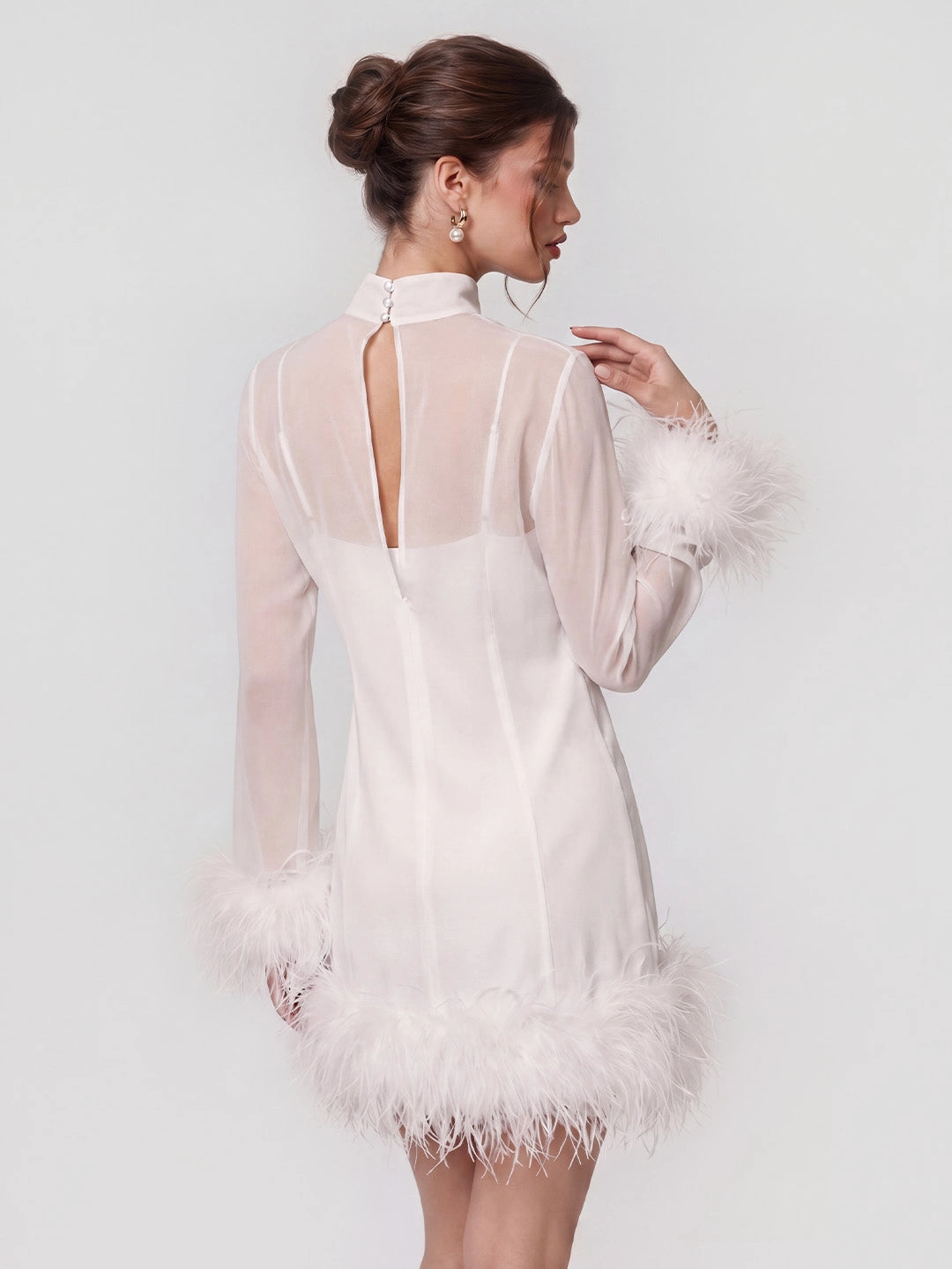 Feather Trimmed Satin Mini Dress with Mesh Overlay