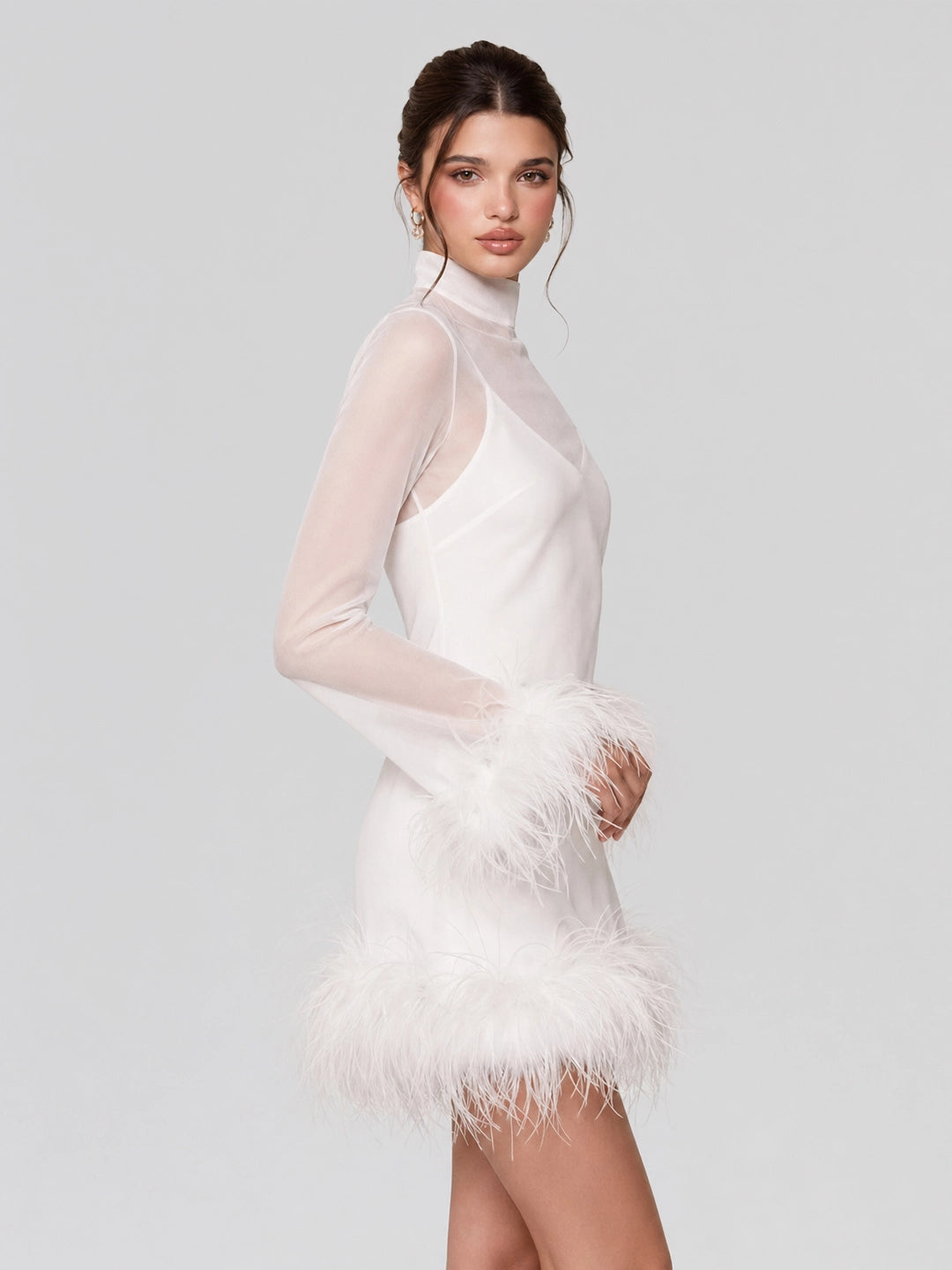 Feather Trimmed Satin Mini Dress with Mesh Overlay