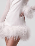 Feather Trimmed Satin Mini Dress with Mesh Overlay