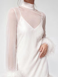 Feather Trimmed Satin Mini Dress with Mesh Overlay