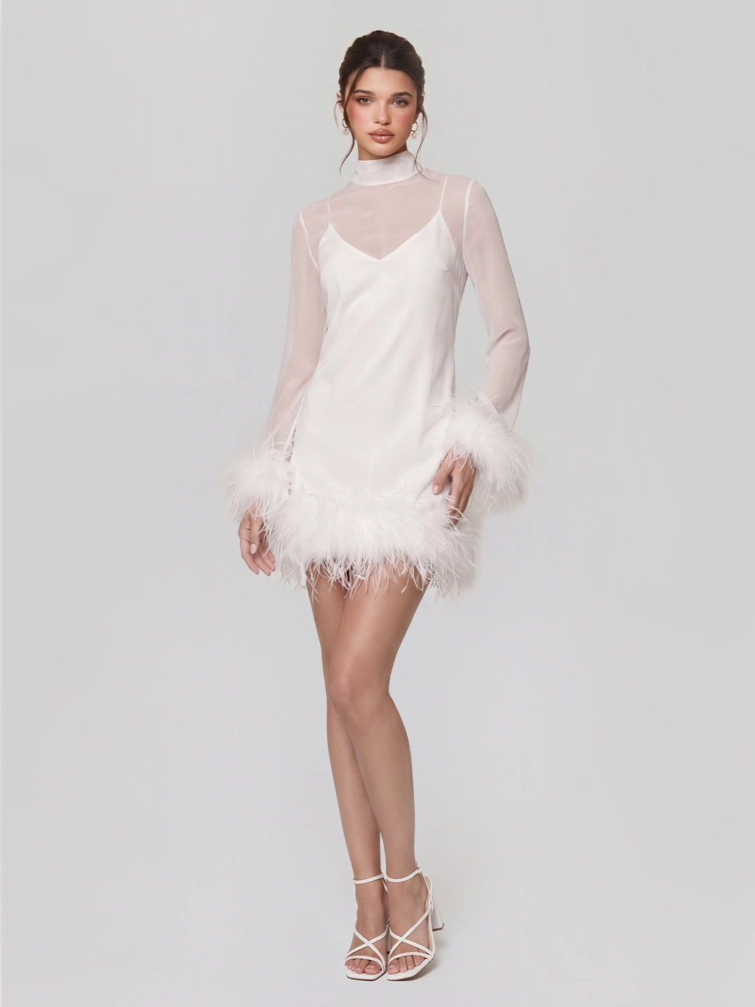 Feather Trimmed Satin Mini Dress with Mesh Overlay