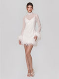 Feather Trimmed Satin Mini Dress with Mesh Overlay