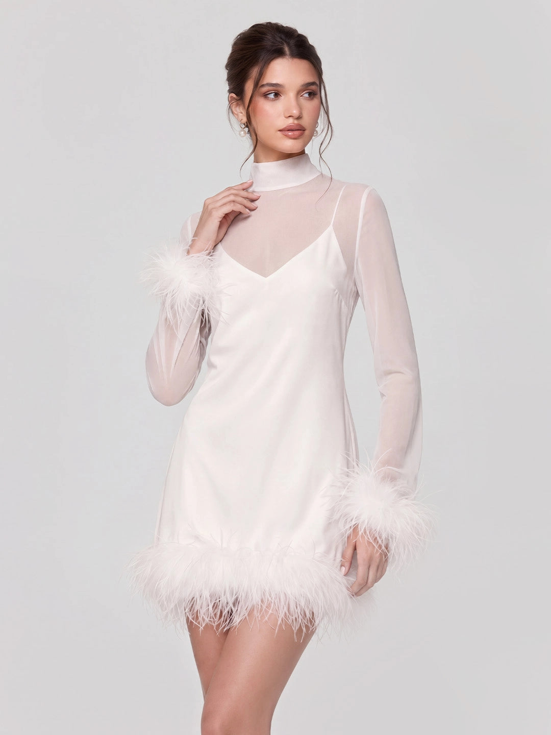 Feather Trimmed Satin Mini Dress with Mesh Overlay