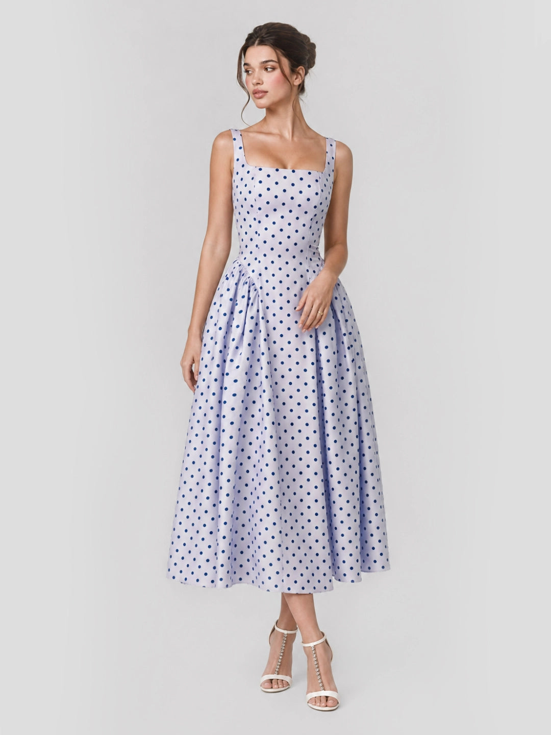 Flocking Polka Dot Lace-Up Corset Midi Dress