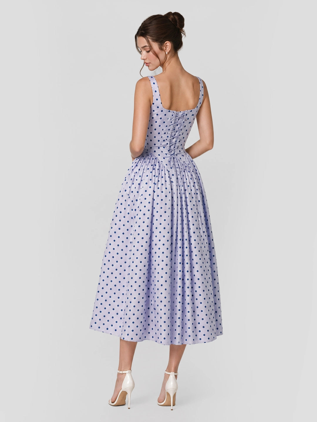 Flocking Polka Dot Lace-Up Corset Midi Dress
