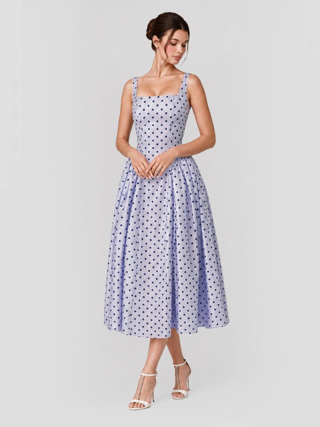 Flocking Polka Dot Lace-Up Corset Midi Dress